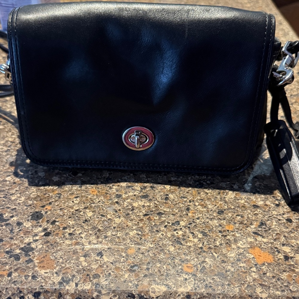Coach Black Leather Crossbody Bag with Turnlock